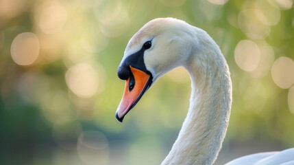 Fototapeta premium Close-up of a white swan's head and neck with soft background blur