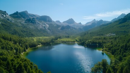 Stunning Mountain Lake Surrounded by Lush Forest and Rugged Peaks in Serene Wilderness Landscape