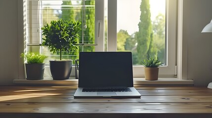 Fototapeta premium Sleek and Minimalist Home Office Setup with Laptop Plant and Motivational Quotes