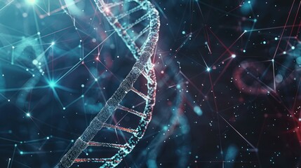 A sophisticated 3D DNA model with light effects, integrated into a background of digital health records, molecular diagrams, and futuristic medical technology