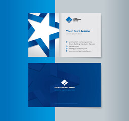 A set of horizontal double-sided business card template designs with Blue illustration of a folded ribbon in the shape of a five-sided star on white gradation background