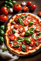rustic margherita pizza fresh basil leaves wooden table, cheese, crust, delicious, gourmet, green, healthy, ingredients, italian, mozzarella, sauce, slice,