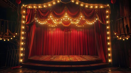 Empty circus stage is illuminated by bright lights, with red velvet curtains framing the space and hinting at the wonders to come