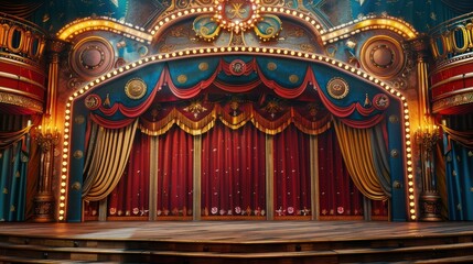 Empty stage awaits the performance with its red velvet curtain, intricate golden details, and warm lights, capturing the magic and anticipation of the circus