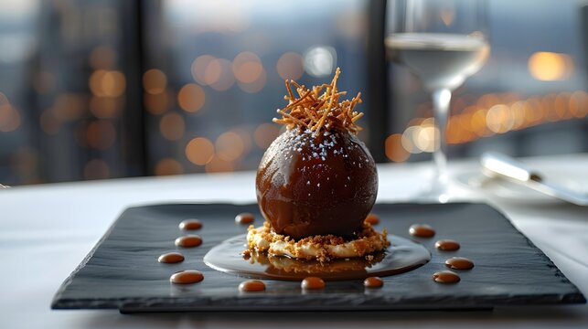 An artfully plated dessert featuring a chocolate sphere melting under warm caramel sauce, revealing a core of vanilla ice cream. The dessert rests on a sleek black slate plate.