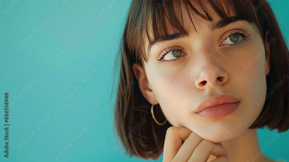 Wall mural Closeup of a young woman with brown bob hair, thoughtful expression, hand on chin, cyan background