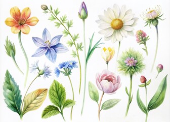 Delicate hand-drawn illustrations of various wildflowers including plantain, snowdrop, clove, chamomile, cornflower, and clover isolated on a clean white background in vector format.