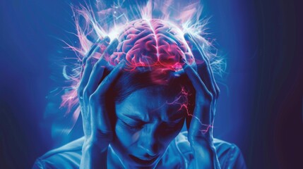 Obraz premium Headache,&nbsp;agony discomfort and migraine with effective treatment,&nbsp;stress relief,&nbsp;lifestyle adjustments for improved health and well&nbsp;-&nbsp;being,&nbsp;solution for symptom relief and comfor pulsating character