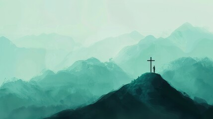 Obraz premium Christian Cross with Backdrop of Mountains Strength and Majesty Beige Background and Copyspace