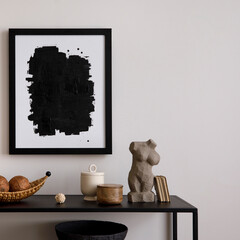 Exquisite and modern composition of living room interior with black shelf, mock up poster frame,...