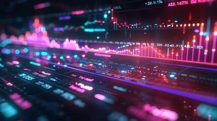 Obraz premium A sophisticated digital display featuring an options chart with vivid colors and glowing indicators, showcasing the pulse of the stock market's growth trajectory in real-time.