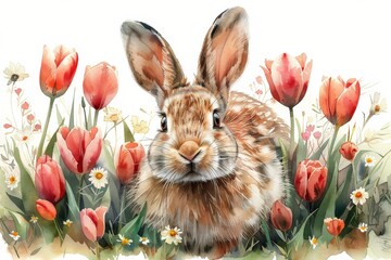 A charming watercolor painting of a rabbit peeking out from a field of colorful tulips, in the style of watercolor illustration, white background
