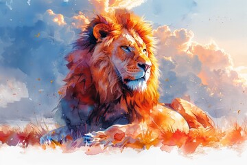 A majestic lion basking in the golden sunset, painted in vibrant watercolor hues, in a style of watercolor illustration, white background