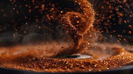 An artistic photo of coffee grounds pouring out of a grinder in a mesmerizing spiral pattern, capturing the beauty and movement of the grinding process with minimalist style