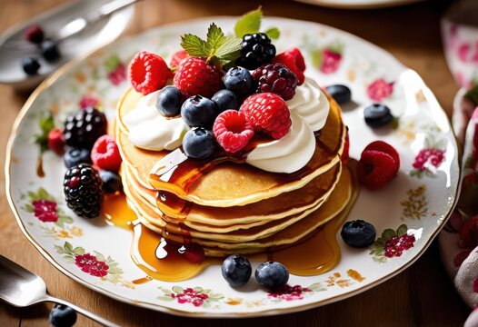 delicious fluffy pancakes drizzled maple syrup, homemade, brunch, breakfast, recipe, cooking, stack, sweet, tasty, flapjacks, syrupy, dish, method, making, treat, idea, meal