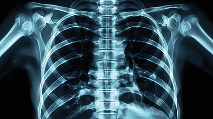 X-Ray of a Rib Cage: X-ray image of a human rib cage, highlighting ribs and sternum.

