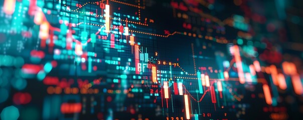 Contemporary digital artwork of a candlestick graph chart, featuring abstract patterns and textures that evoke the complexity and unpredictability of stock trading.