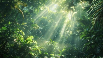 Obraz premium Sunlight filters through lush, dense foliage in a tropical rainforest, creating a serene and mystical atmosphere.