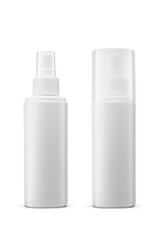 Two white plastic spray bottles with spray tops isolated. Transparent PNG image.