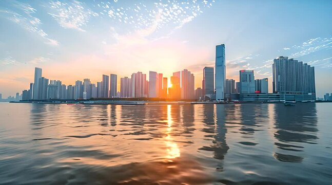 A city skyline with modern buildings and skyscrapers. Generate AI Video