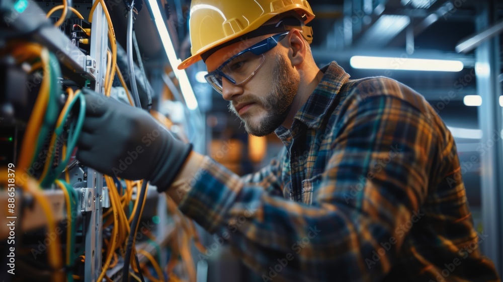 Poster A technician in a data center works on a server rack, carefully connecting cables and ensuring optimal network performance