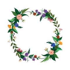 floral frame with flowers and leaves on a white background