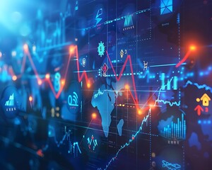 Digital financial growth graph with overlaid exchange business icons, charts evolving dynamically against a digital backdrop, symbolizing progressive market trends and profitability.