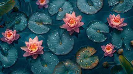 Clear pond water, vibrant green lily pads, pink lotus flowers in bloom, water droplets on leaves, top-down view, high detail macro photography, nature close-up, tranquil aquatic scene.