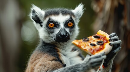 Obraz premium image of a lemur holding a slice of pepperoni pizza in a lush, tropical forest, with a surprised expression, playful and whimsical concept, horizontal photo, defocus