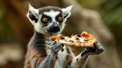 Obraz premium image of a lemur holding a slice of pepperoni pizza in a lush, tropical forest, with a surprised expression, playful and whimsical concept, horizontal photo, defocus