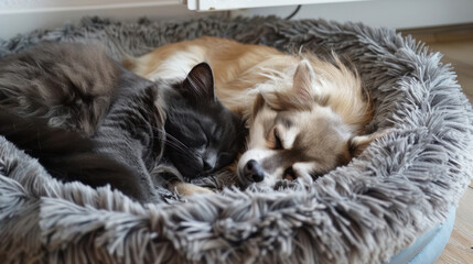 Fluffy cat and dog sleeping together in a large dog bed