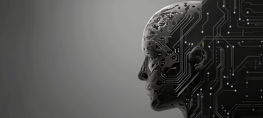 Digital circuit human head with intricate electronic patterns