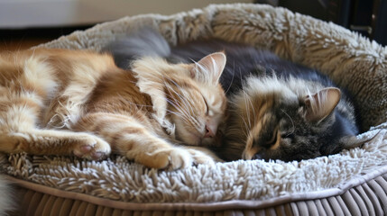 Fluffy cat and dog sleeping together in a large dog bed