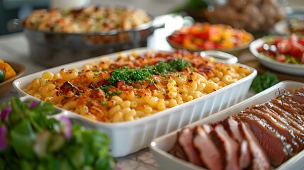 Festive buffet spread on white marble table, baked macaroni and cheese casserole in center, roasted vegetables, sliced meat platter, colorful salads, rustic serving dishes, warm lighting.