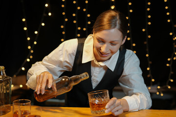 Bartender Serve beer, on wood bar, 