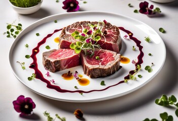 Fototapeta premium sliced gourmet beef truffle oil presentation plate, carpaccio, dish, appetizer, delicacy, elegant, dining, exquisite, restaurant, top, view, fresh