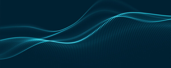 Futuristic dot wave. Abstract digital particle wave. Technology background. Colored musical wave. Dark background. Digital background with smooth, wavy curves. 3D vector illustration