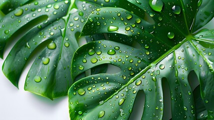Fototapeta premium Hyper-realistic close-up of water droplets on tropical monstera leaf. Vibrant green against pure white background. Macro photography style with shallow depth of field. Sleek product showcase template.