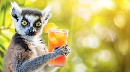 Funny image of a lemur sipping an orange drink with a straw against a vibrant yellow background, tropical and playful concept, horizontal image, soft focus