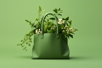 plants and flowers in a green bag on a green background, sustained development, season sale
