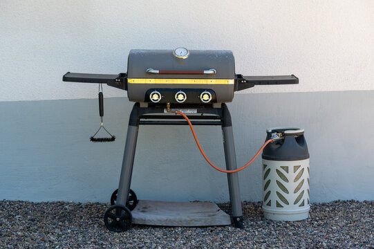 Gas grill and gas cylinder in back garden