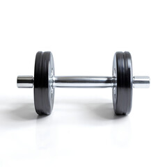 A dumbbell on a white background, showing clear details and clean lines with soft lighting highlighting its form.