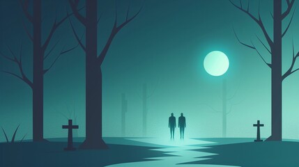 Fototapeta premium Phantom figures walking through a foggy graveyard at night, their forms semi-transparent and hauntingly beautiful, evoking the presence of the beyond, flat design illustration