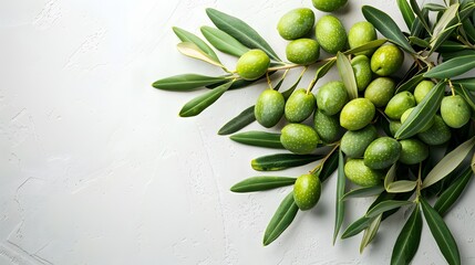 Olive branch with green leaves, ripe green olives, white background, minimalist food photography, top-right corner composition, negative space, high contrast, sharp focus on olives and leaves.