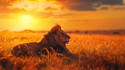 Lion resting in the tall grass of the African savannah as the sun sets, creating a serene scene