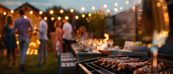 Friends enjoy a lively backyard barbecue with string lights, socializing around a table filled with food and drinks.