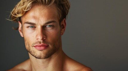 A close-up portrait of a handsome man with blonde hair and green eyes, looking directly at the camera