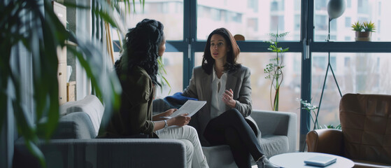 Two women engage in a serious conversation on a sunlit office couch, framed by modern decor and large windows overlooking city buildings.