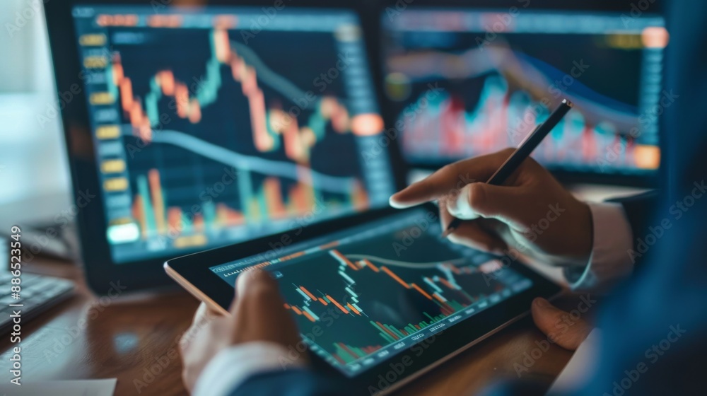 Aufkleber a financial analyst pointing to a candlestick chart on a tablet during a meeting.