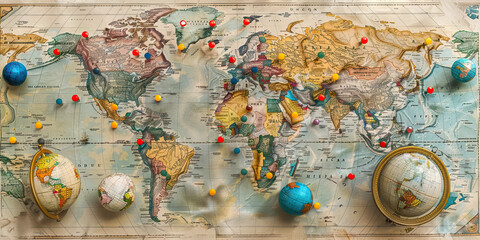 Fototapeta premium The Strength of Allies: A vintage map with pins marking allied countries, surrounded by globes.